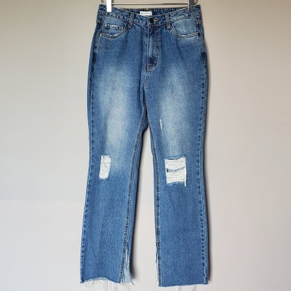 Avec Les Filles High Rise Straight Leg Western Distressed Jeans - Picture 1 of 8